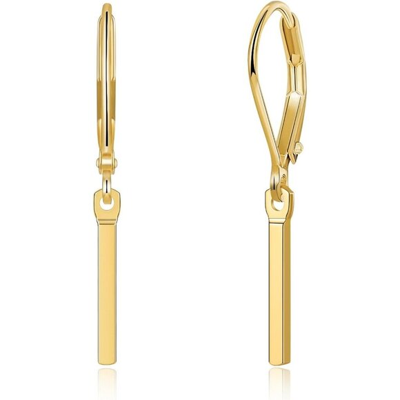 14K Dainty Gold- Bar Leverback Dangle Drop Hypoallergenic Earring for Women - Picture 1 of 7